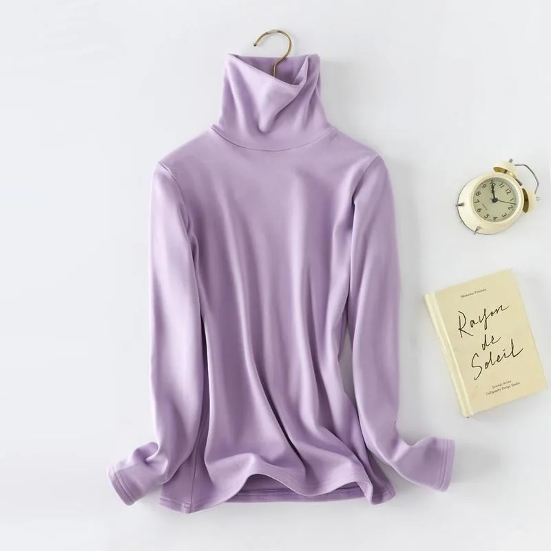 Women Long Sleeve Undershirt Autumn Winter Turtleneck Double Sided Fleece Thermal Slim Pullover Base Top