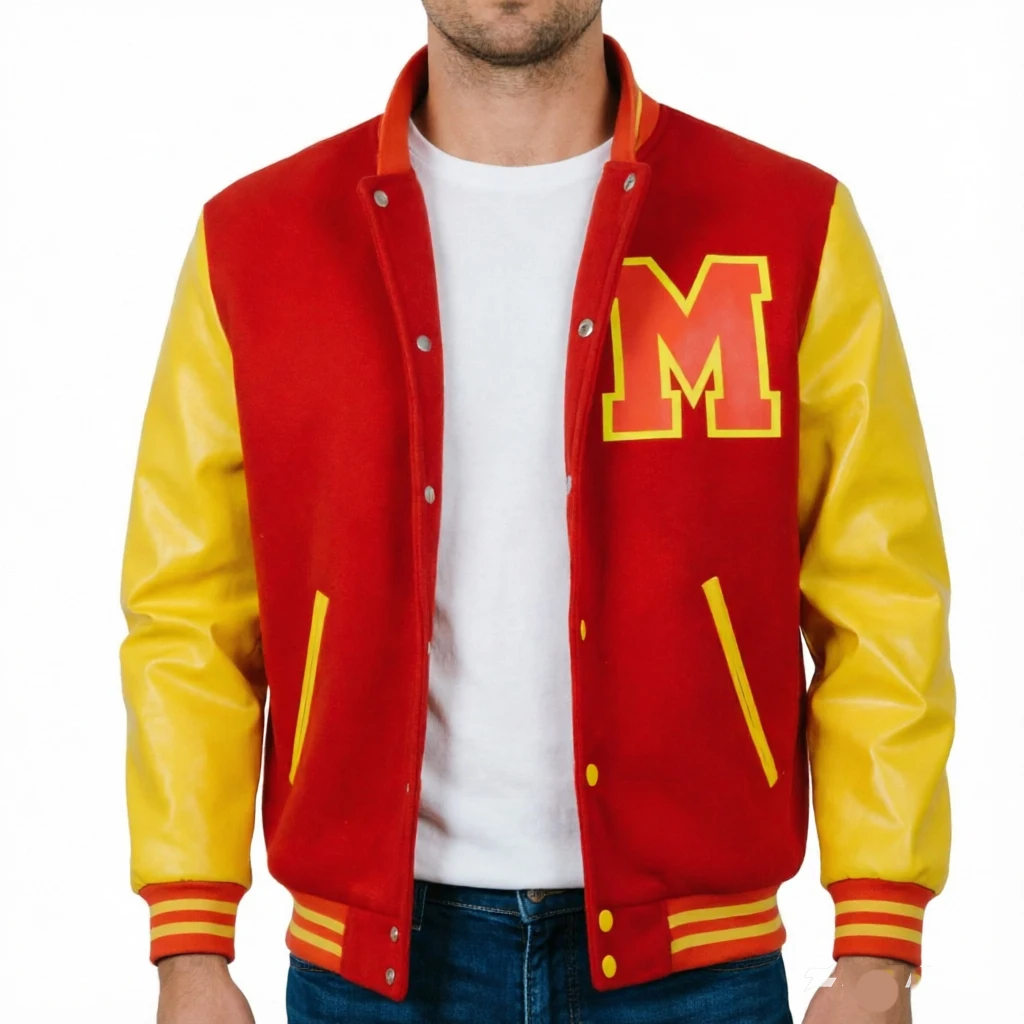 Herren Retro-Jacke Michael Jackson Cosplay Rot-Gelb Colorblock Varsity Bomber Cosplay-Kostüm Bühnen- und Alltagsoutfit