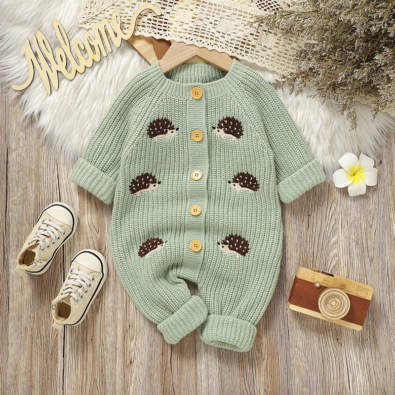 

Newborn Baby Romper Knitted Infant Boy Jumpsuit Cute Embroidered Hedgehog Kid Clothing 0-18M Sleeveless Overalls Playsuit Autumn