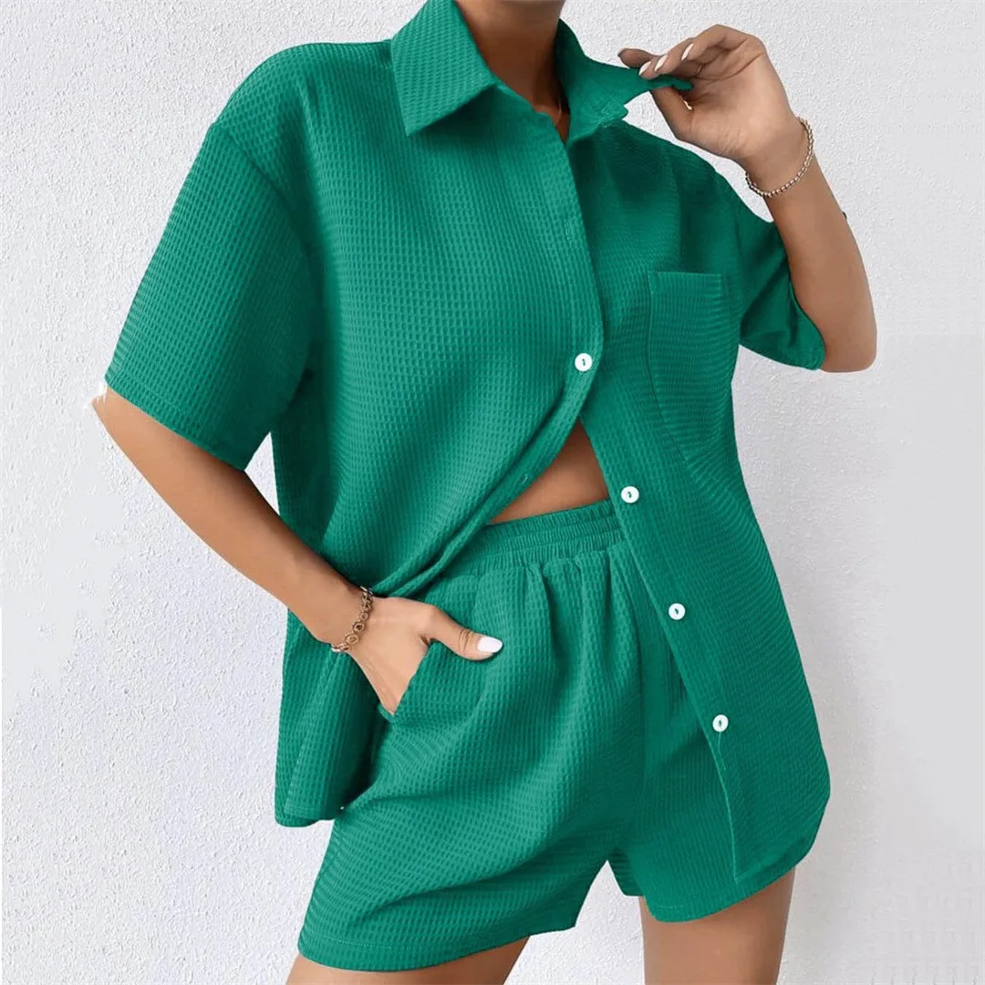 High Waist Shorts Suits Women\'s Clothes Summer Female Tops Turn Down Collar Short Sleeve Pockets Button Tops Casual 2 Pieces Set