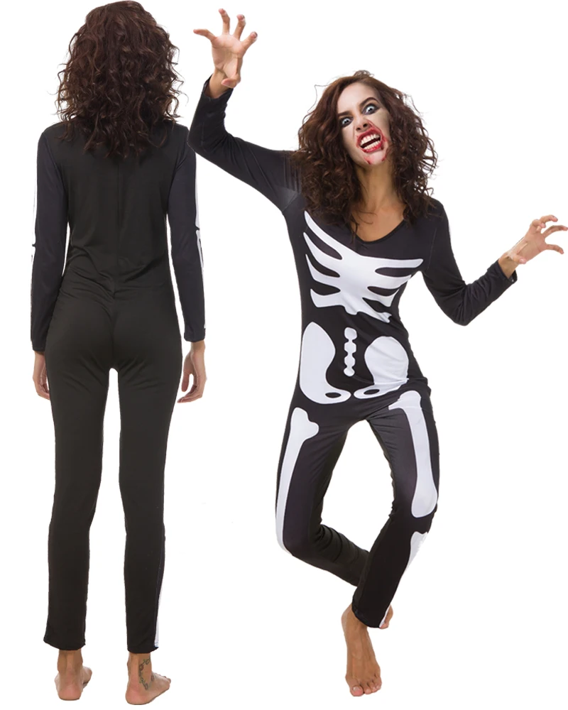 Kostum zombie horor cetak kerangka karnaval Halloween, kostum hantu tengkorak, jumpsuit tengkorak bermain peran, kostum cetak 3D