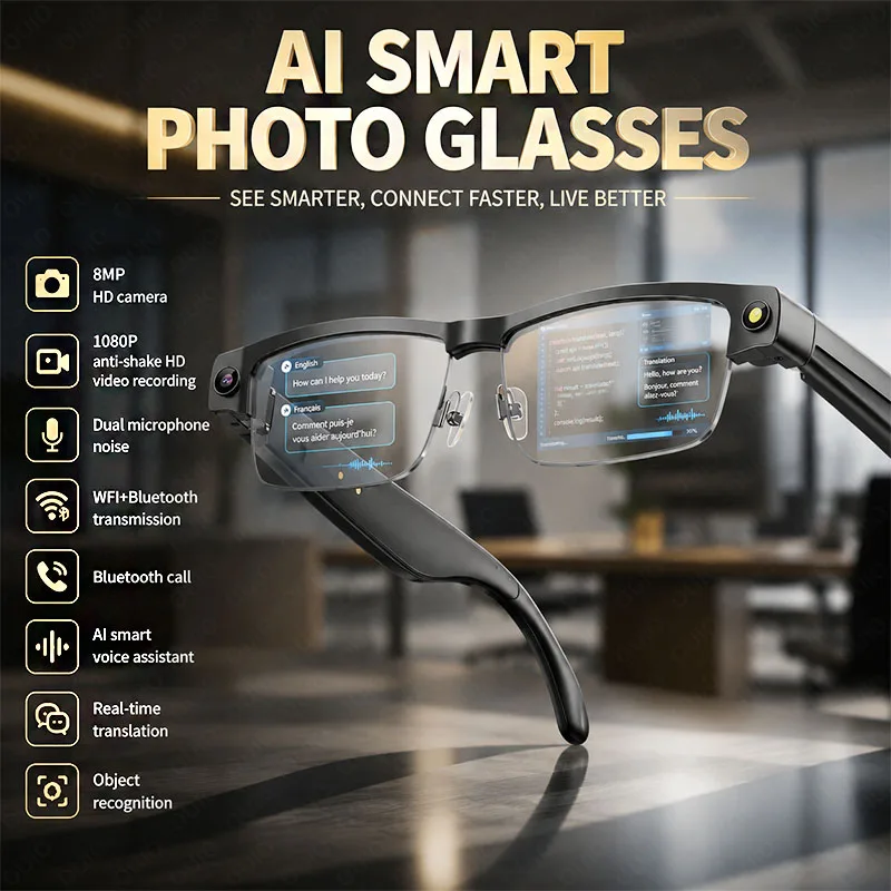 Smart AI Glasses with 8MP HD Camera Chat GPT Touch Sport Sunglasses Bluetooth Call Video Music Player Object Recognition Glasses