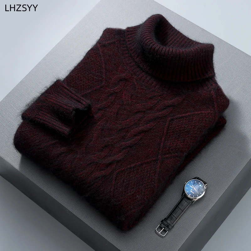 LHZSYY Men\' 100%Pure Mink Cashmere Sweater Autumn Winter Lapel Knit Pullovers Thick Plus Size Base Shirt Fashion Warm Jacket Top