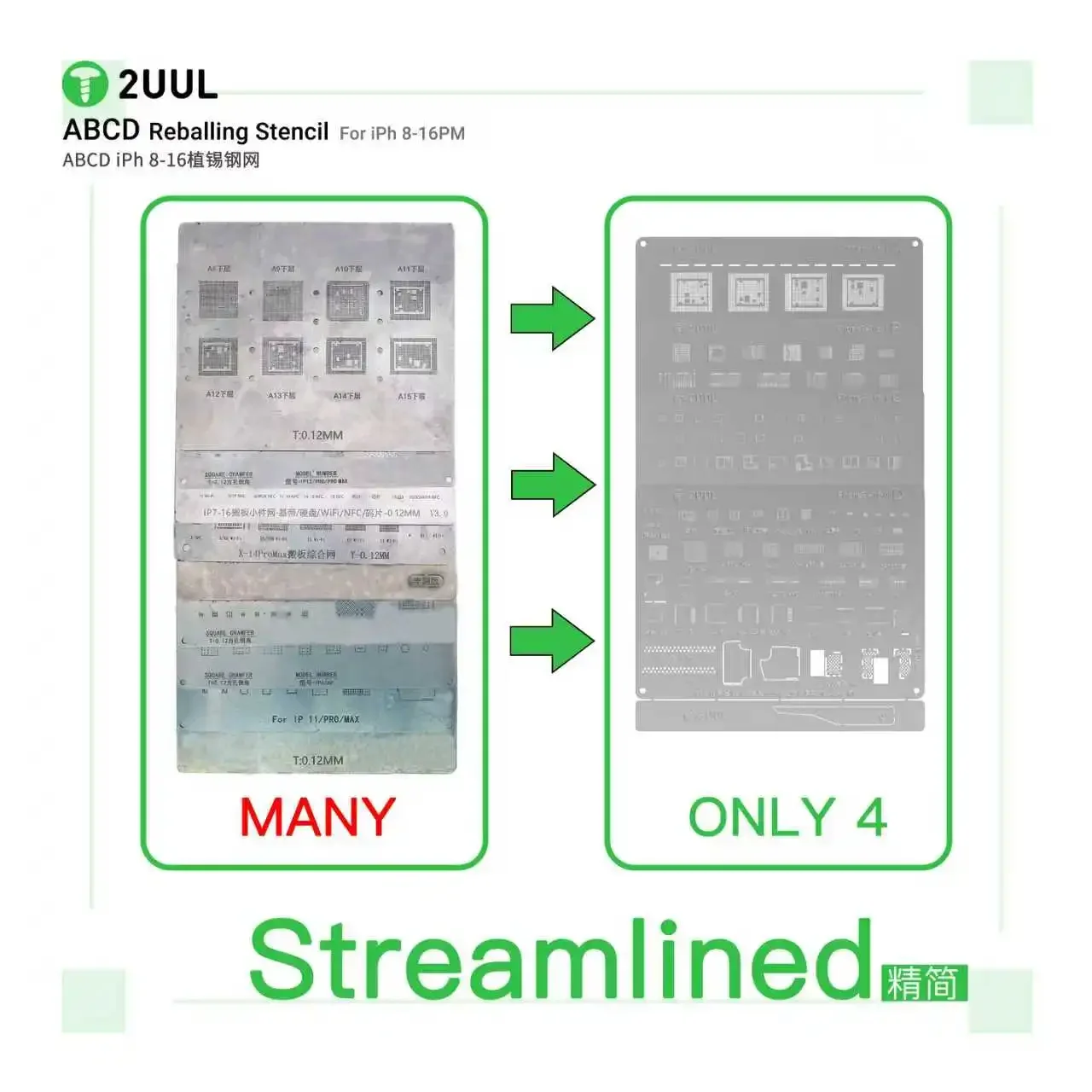 

2UUL ABCD Reballing Stencil Kit 4PCS with Free 4 Blades for IPhone 8 To 16 Pro Max All Models Chip Plant Solder Balls BG01