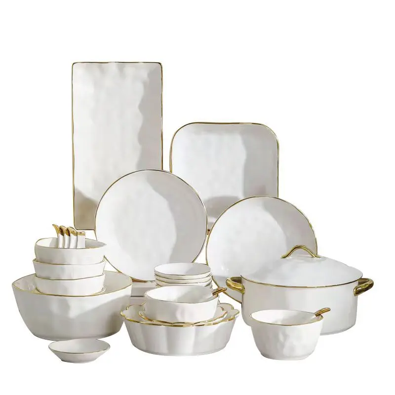 Gold Stroked Ceramic Plate Sets Hammer Texture Table Top Fruit Salad Plates Living Room Creativity Dinner Set Plates and Dishes