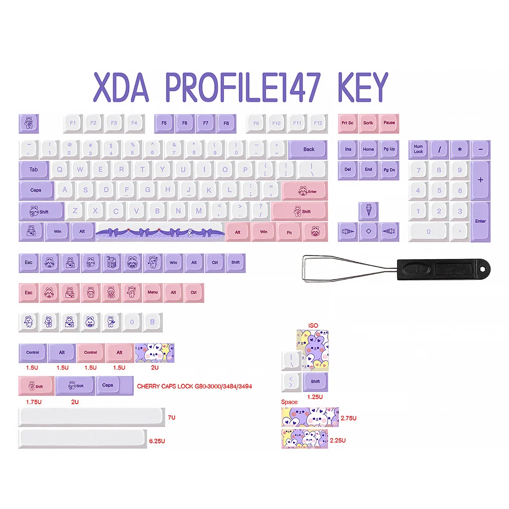 Imagem -06 - Lavanda Coelho Tema Pbt Xda Keycaps Cap Teclado Mecânico 7u Split Barra de Espaço Adequado para Dz60 Rk61 64 Gk61 68 75 84 98 Gmmkpro