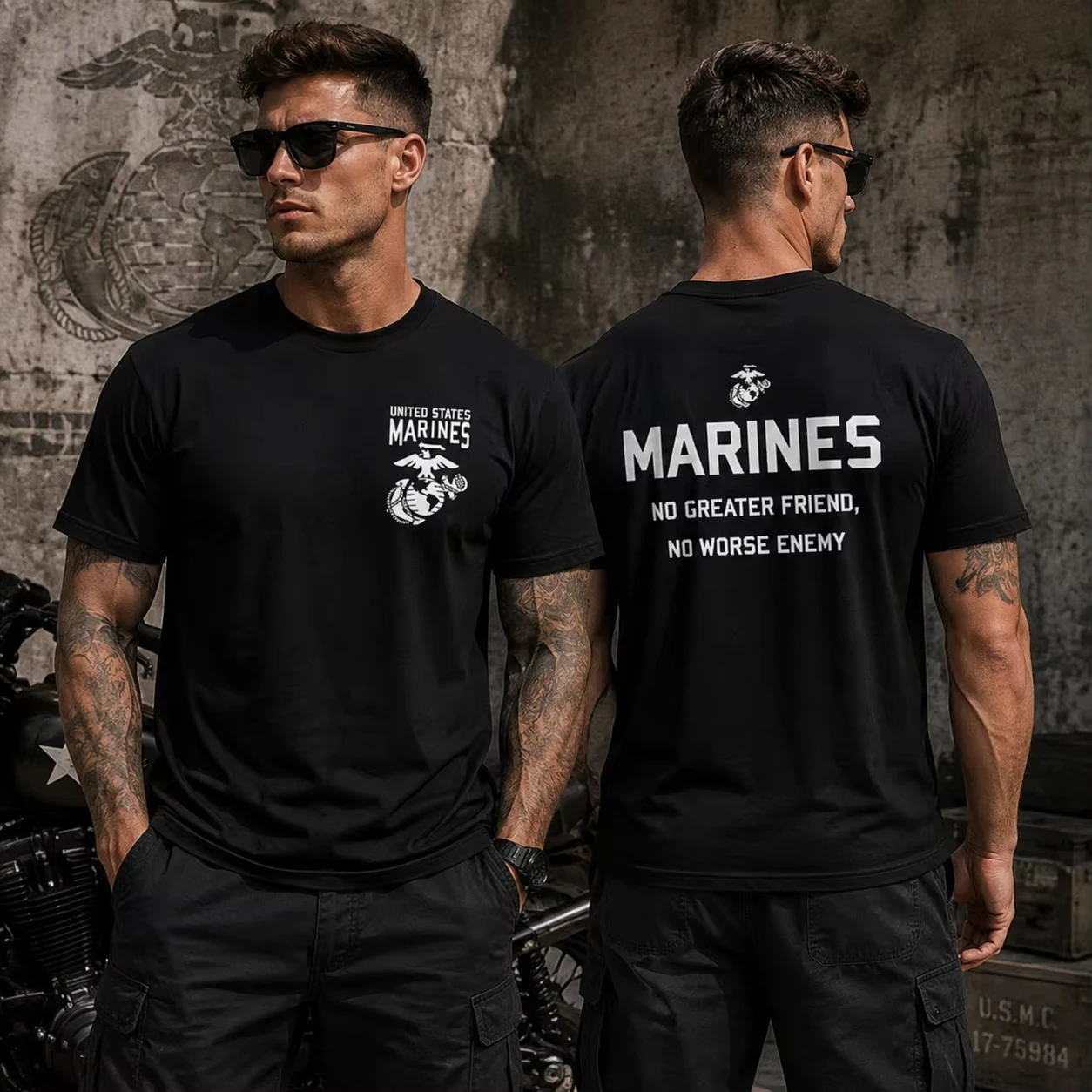 Family Matching T‑Shirt Black Marines Eagle Globe Anchor Badge Front & Back Print Military Slogan Tactical Graphic Sleeve Tee