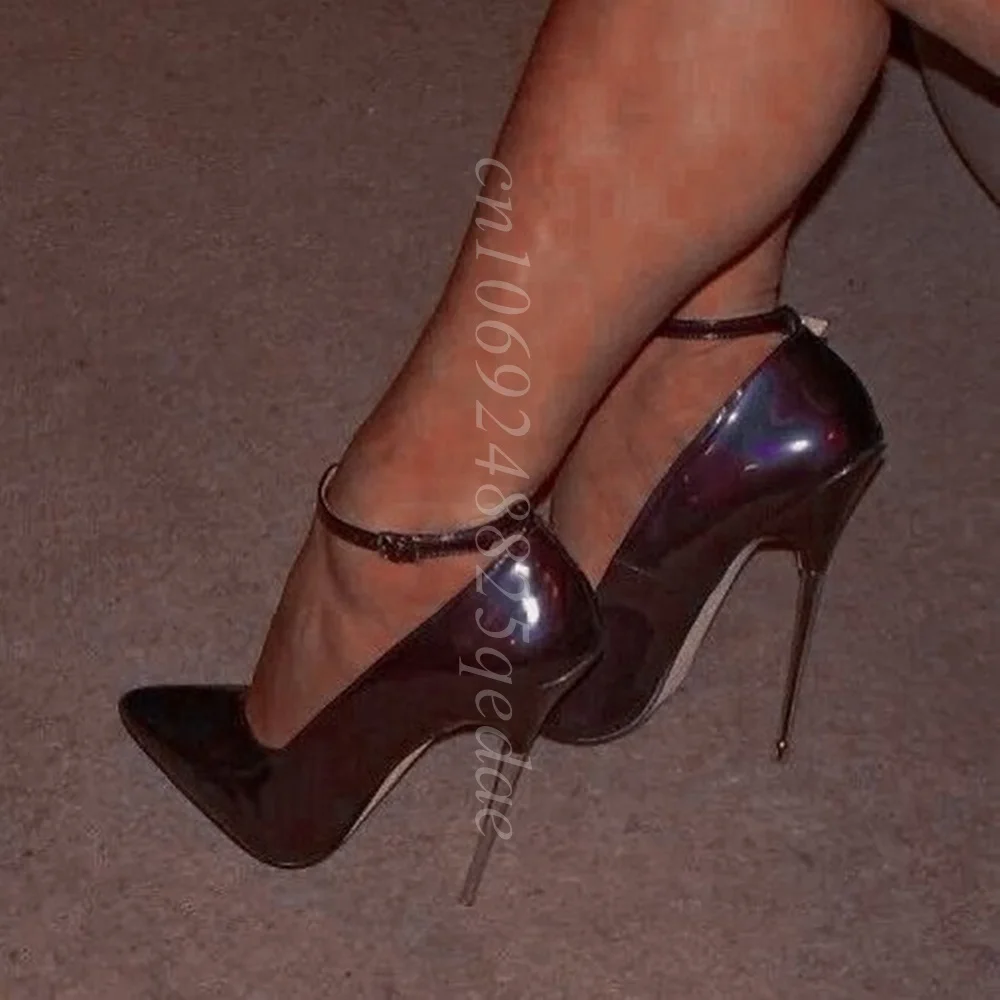 

Туфли-лодочки на металлическом каблуке, черные, из лакированной кожи, с острым носком, сексуальные, с ремешком на щиколотке, для женщин, 2025, Zapatos Para Mujere