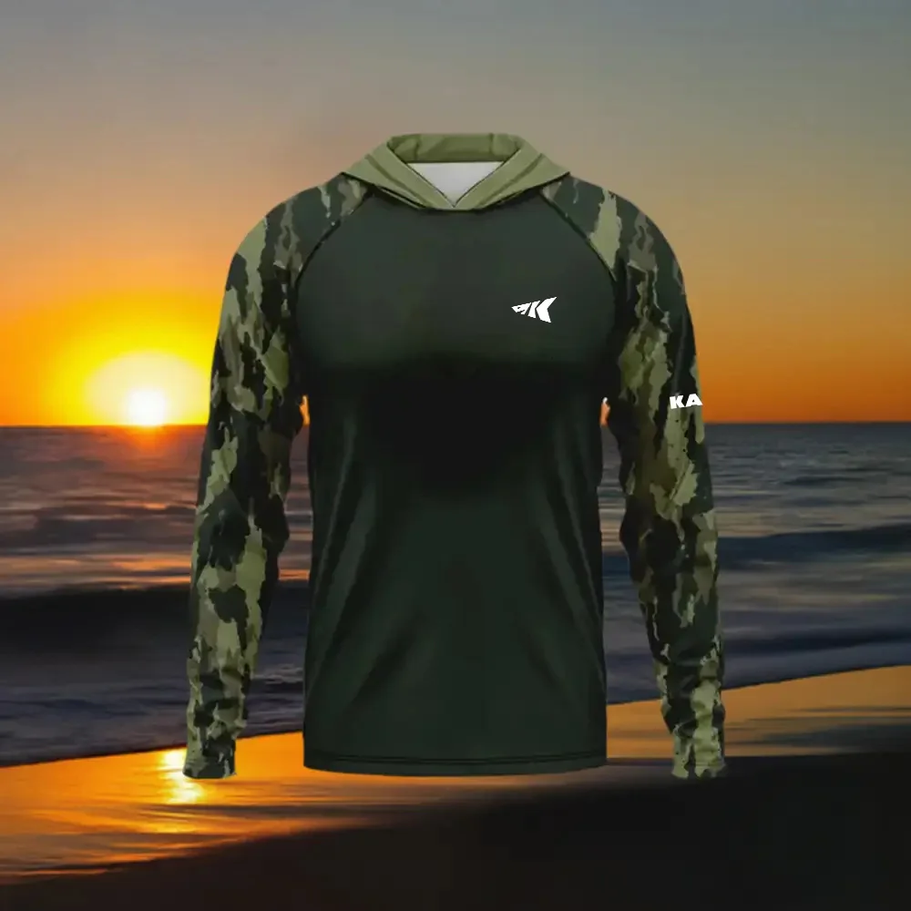 Fishing shirt hooded outdoor UV protection plus size men's military green camouflage print moisture wicking fishing suit top