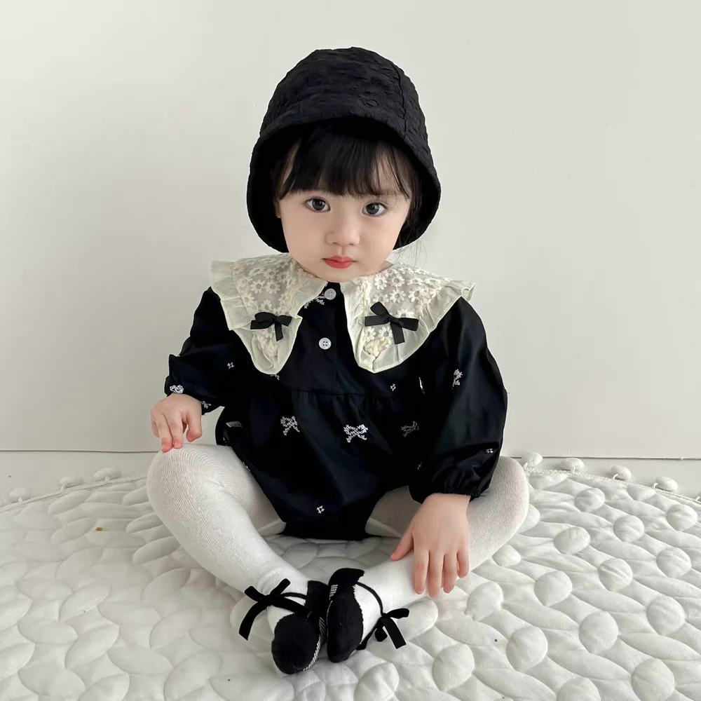 

HY2700 Spring New ArrivalBaby Girl's Short Sleeve Romper with Butterfly Knot Embroidery Children's Crawling Suit Baby Harie