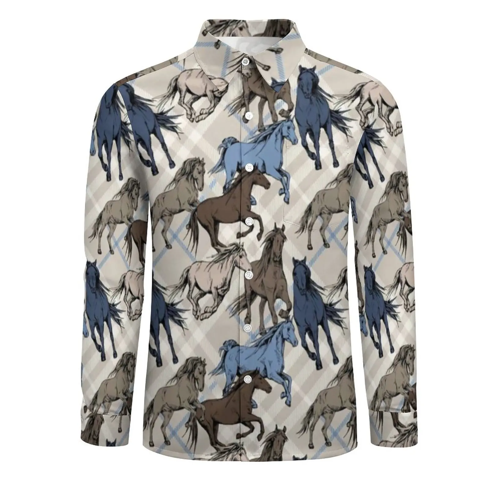 Running Horses Blue Gray Y2K Casual Shirt Mens Horse Art Color Shirt Spring Trending Blouses Long Sleeve Design Oversized Tops