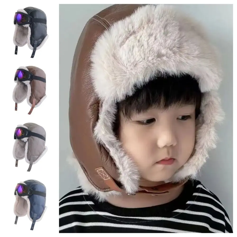 

Ветрозащитная лыжная шапка из искусственной кожи с очками, теплая милая детская плюшевая шапка-пилот, наушники, утолщенная уличная одежда