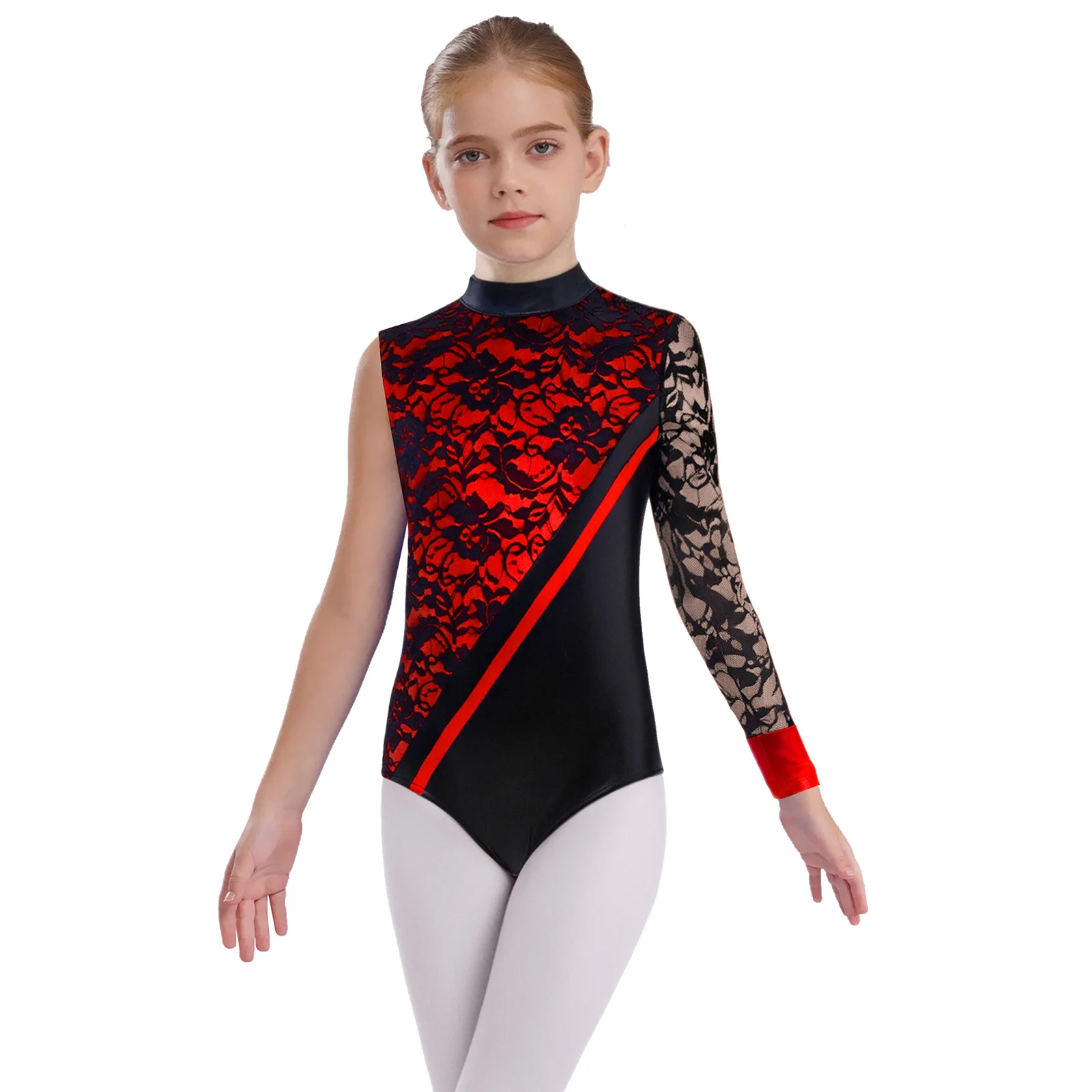 Children Girls Cutout Back Asymmetrical Lace Color Block Leotard Bodysuit for Ballet Dance Figure Skating Gymnastics Performance