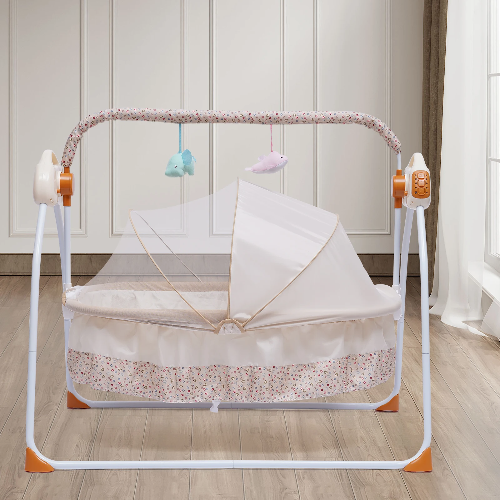 Electric Baby Crib Cradle Auto-Swing Newborn  Sleep Bed Infant with Bluetooth khaki