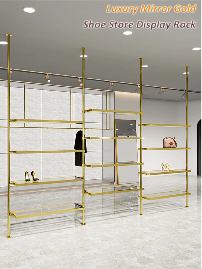 

Роскошная золотая регулируемая стойка для магазина обуви, подставка из нержавеющей стали, подвесная колонна с акриловыми полками от пола до потолка