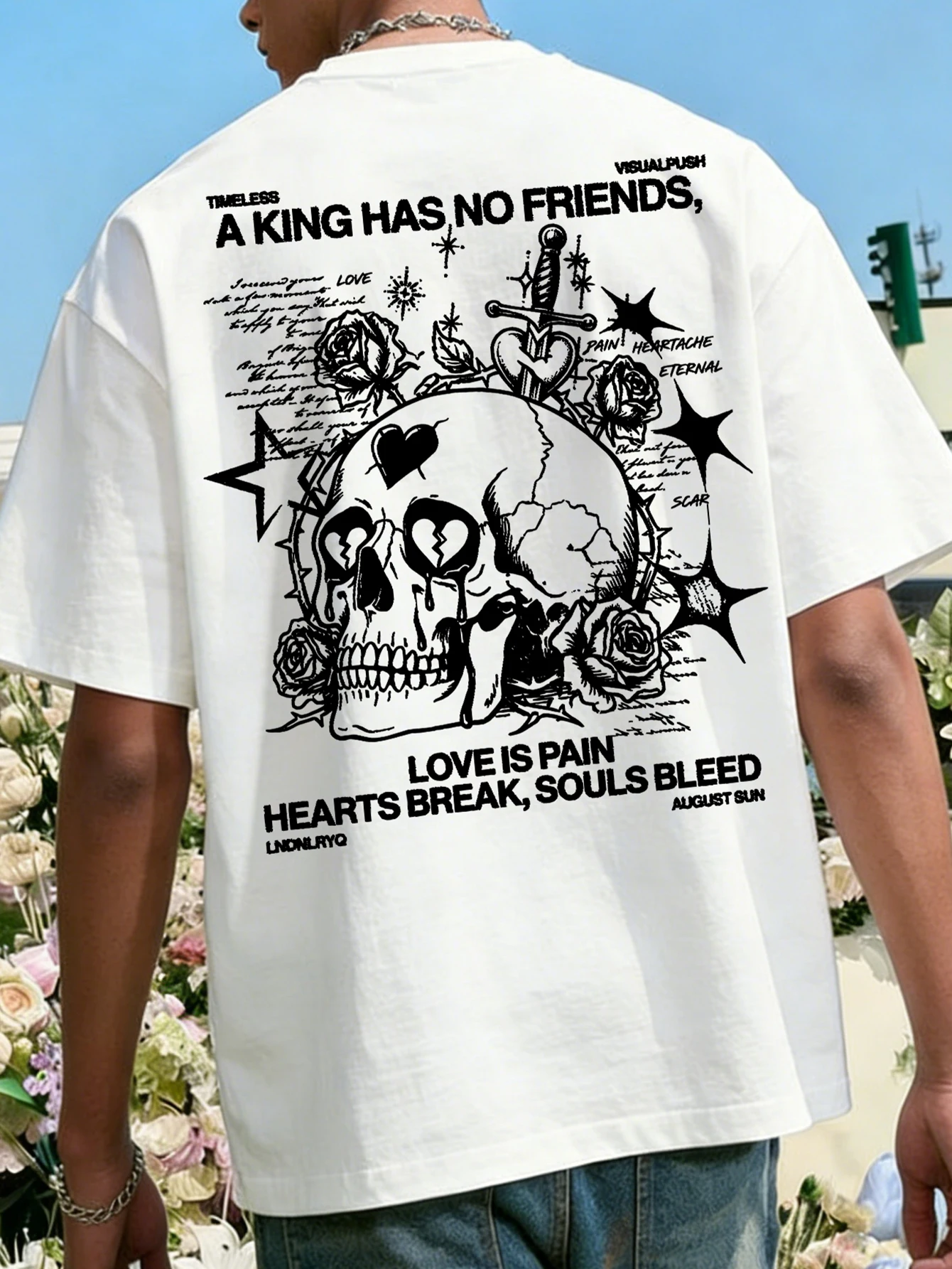Streetwear Brand Slogans - เสื้อยืดโอเวอร์ไซส์สไตล์โกธิคสำหรับผู้ชาย แบรนด์ Skull Rose Heartbreak ลายกราฟิกพิมพ์สโลแกน