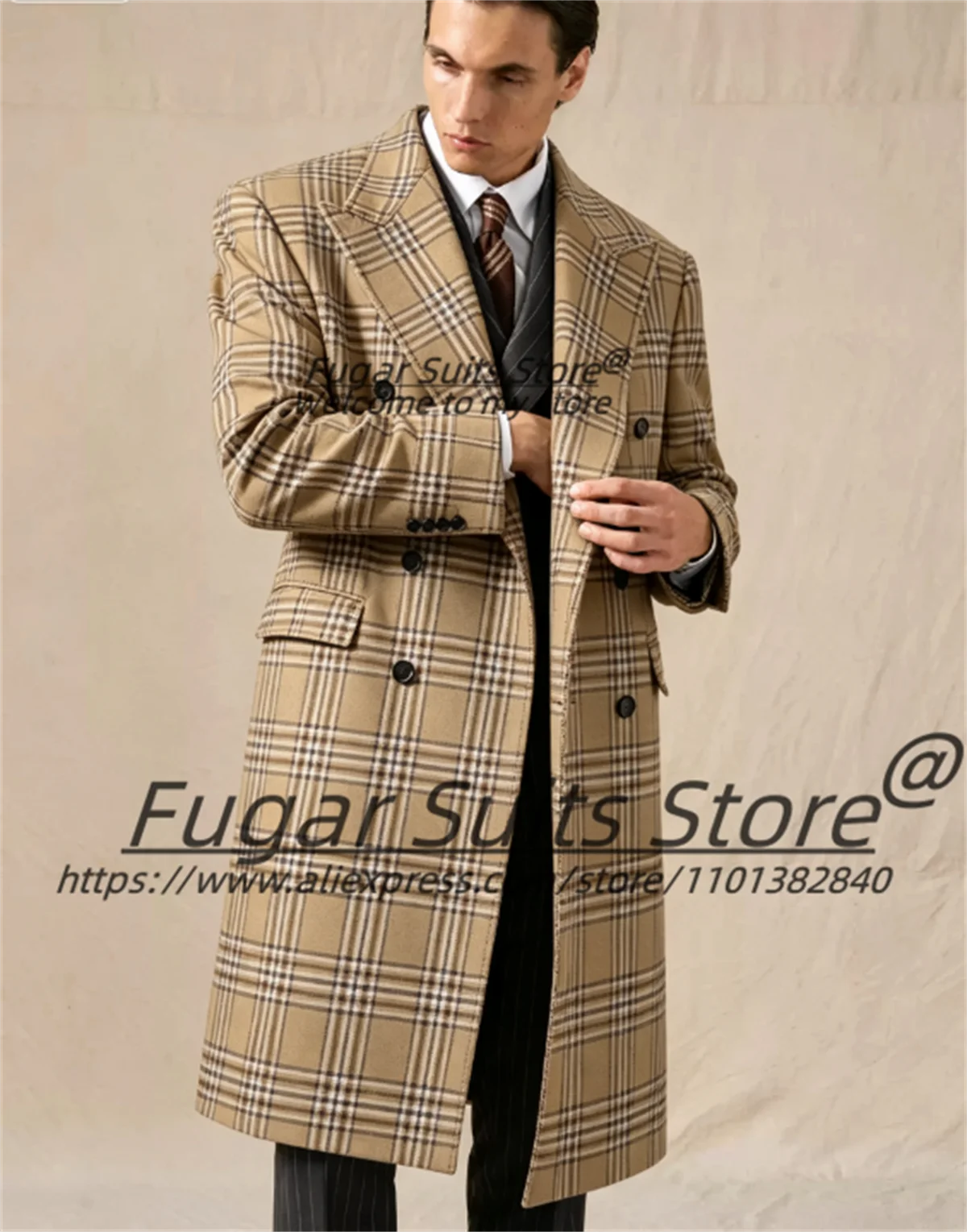 British Vintage Plaid Long Men Suits Customized Double Breasted Peak Lapel Groom Wedding Tuxedos 2 Pieces Sets Costume Homme