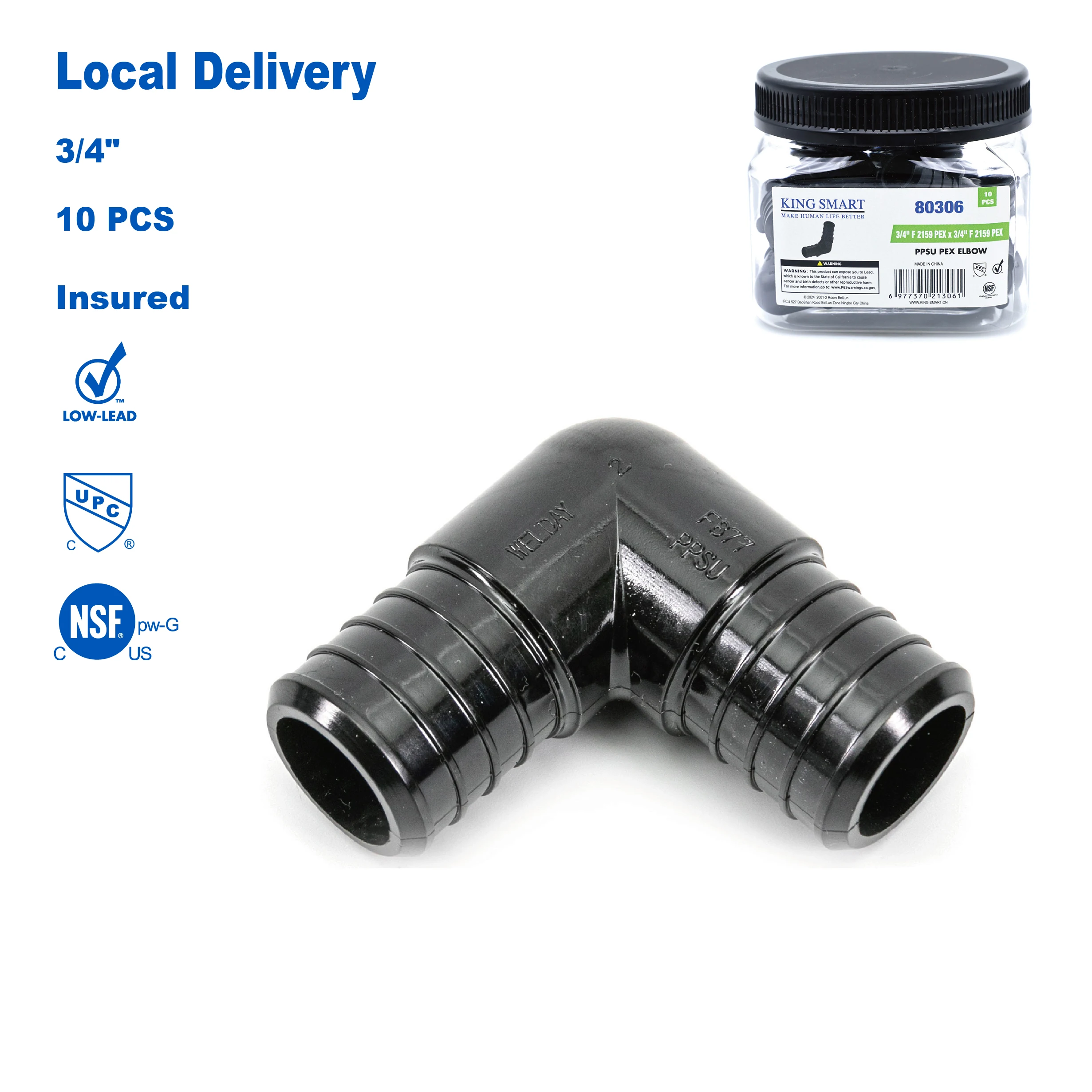 

KING SMART 3/4" Crimp/F2159 PEX Elbow; 10Pcs/Case; PPSU; 80306