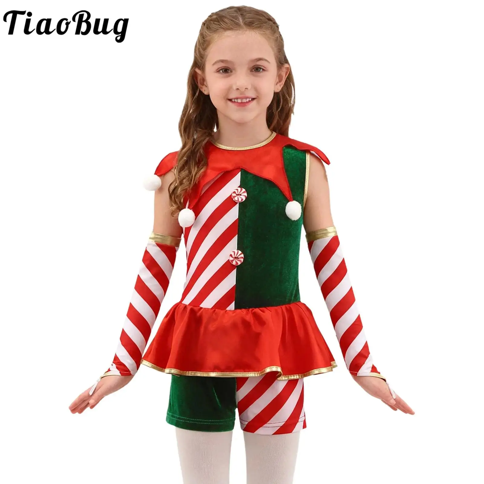

Girls Christmas Striped Elf Costumes Clown Dress up Outfit Contrast Color Waist Ruffled Pompoms Overlay Jumpsuit and Oversleeves