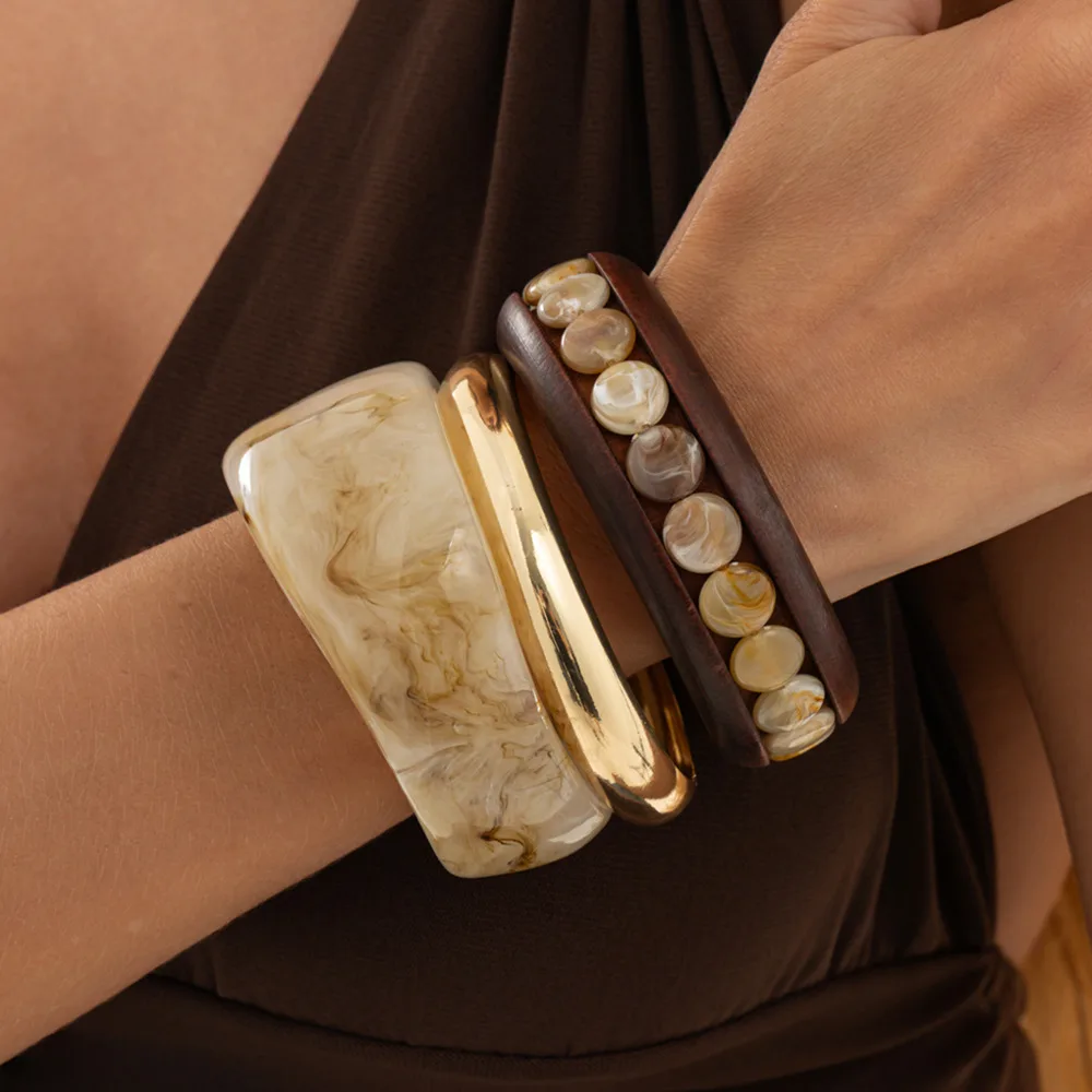 Salircon 3Pcs/Set Retro Punk Stackable Chunky Acrylic Wide Bangle Bracelet for Women Creative Multi Layer Wood Bangle Jewelry