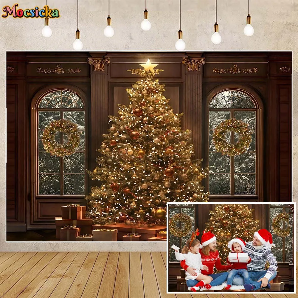 

Mocsicka Christmas Tree Backdrop for Photography Brown Wooden Vintage Wall Wreath Gift Box Xmas Family Portrait Photo Background