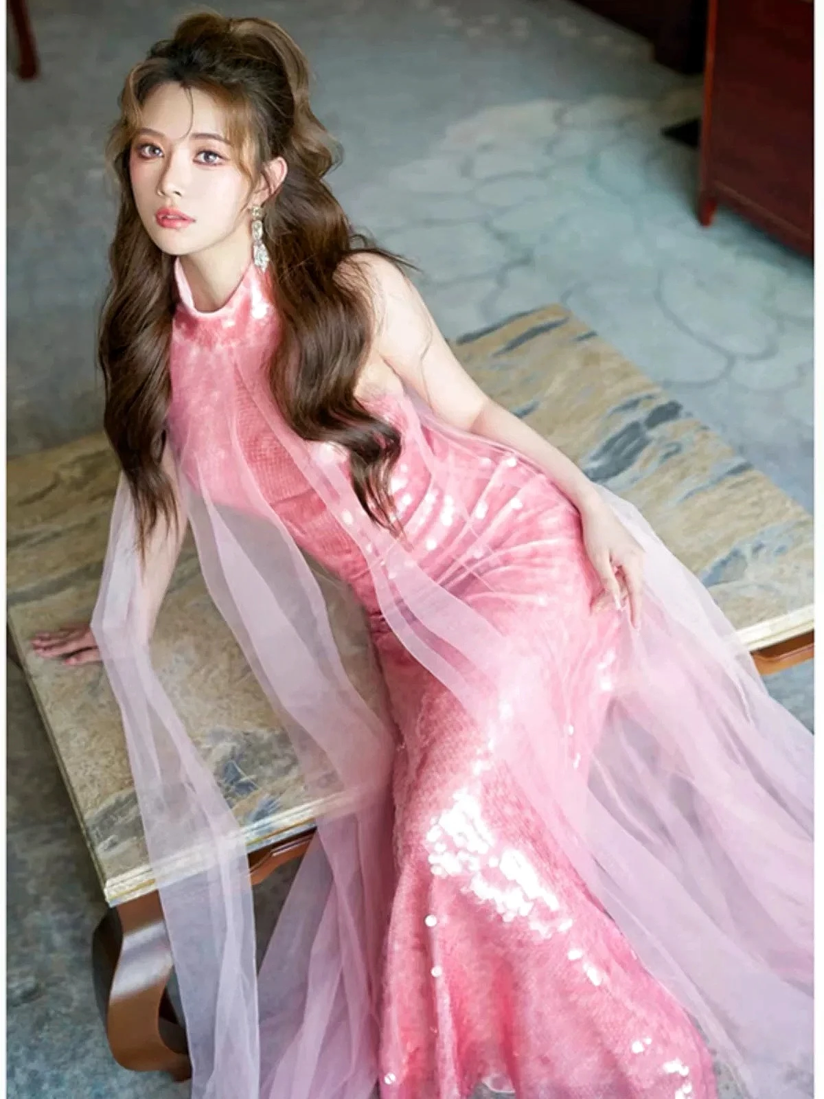 

Pink Woman Evening Dresses High-Neck Sequins Mermaid Sleeveless Pleated Host Graduation Wedding Bride Party Prom Gowns 2024