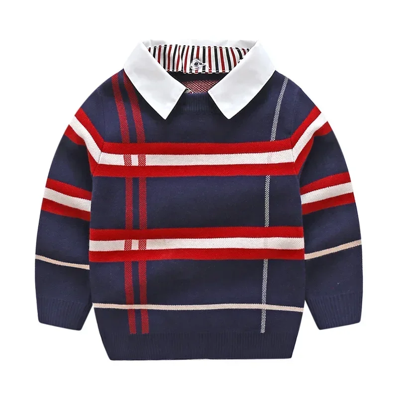 Toddler Kid Boy Sweater Spring Winter Clothes Warm Pullover Top Long Sleeve Plaid Sweater Girl Fashion Gentleman Knitwear 1-8T