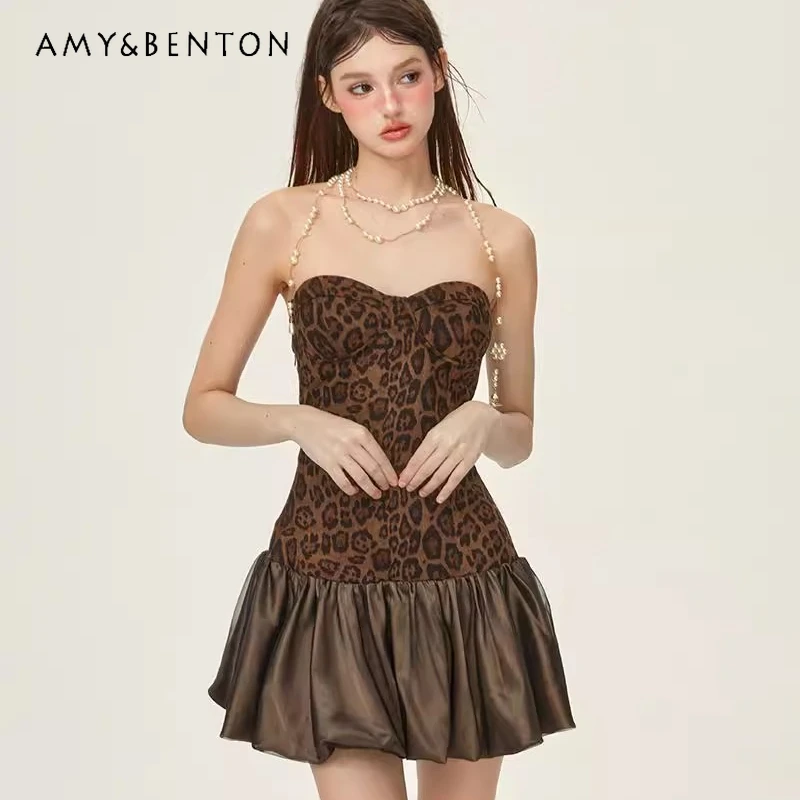 

European American Design Sexy Off-Shoulder Flower Bud Women's Tube Top Dress Autumn New Leopard Print Splicing Dresses Ladies