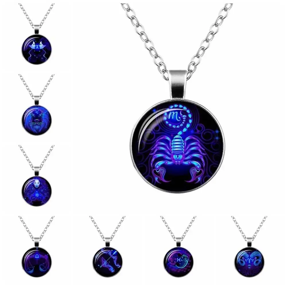 Libra Leo For Women Men Cabochon Glass Accessories 12 Constellation Sign Zodiac Sagittarius Decoration Jewelry Pendant Necklace