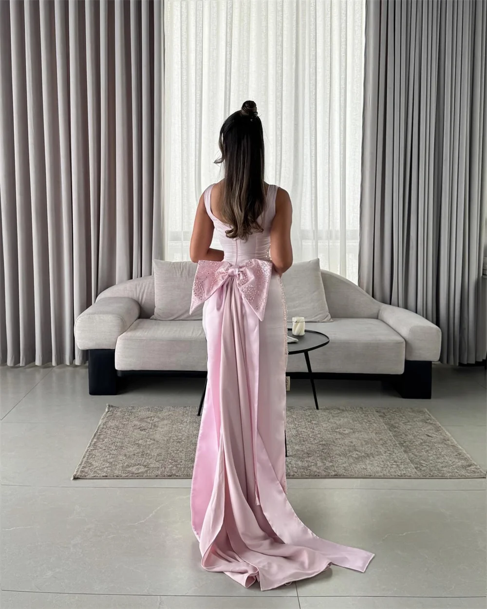 Contessa personalizado frisado lantejoulas vestido de baile com elegante arco tribunal trem sereia vestido de noche tornozelo-comprimento vestido de noite feminino