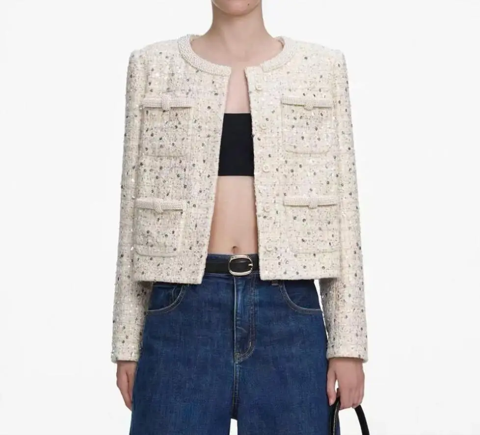 2026 Spring Women's Sequins Tweed Short Coat with Pearls Trim, Fashion Round Neck Pockets Jacket, Temperament Lady Tops