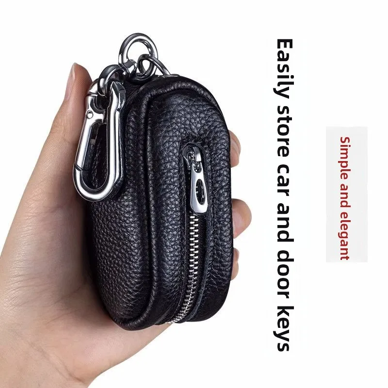 Top Layer Cowhide Car Key Bag Universal Men's Waist Hanging Door Key Buckle Bag Women's Lipstick Earphone Storage Zipper Bag
