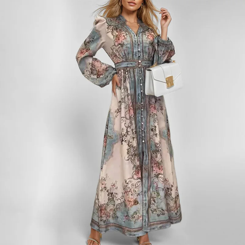 

2025 women's new elegant temperament V collar fashion printed long sleeve dress C001