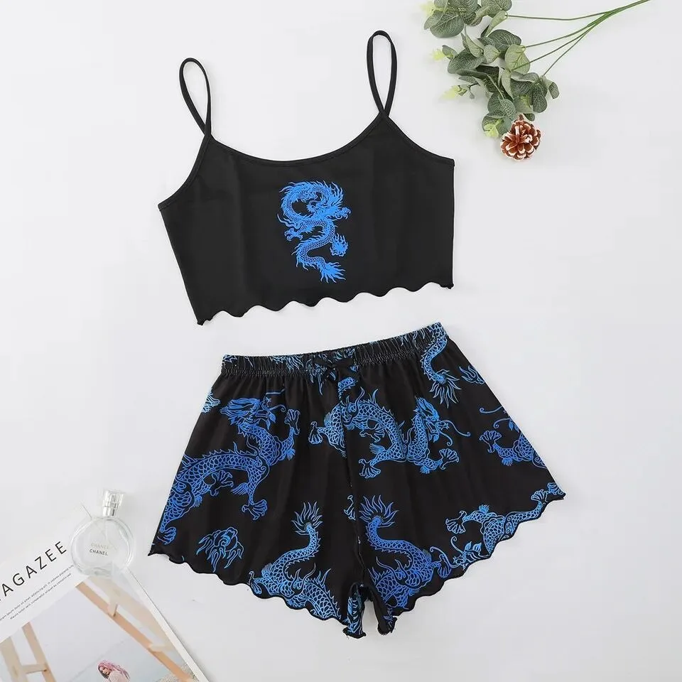 Sexy Nachtwäsche Frauen gedruckt Drachen weste Neck holder Top Shorts Leoparden muster Pyjama Homewear Anzug Damen Nachtwäsche Lounge wear – Detail 10