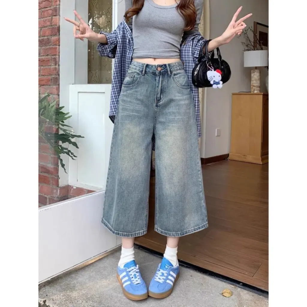 

Women's Vintage Washed Cropped Straight-Leg Jeans High-Waisted Loose Wide-Leg Mid-Length Summer New Style Petite Pants
