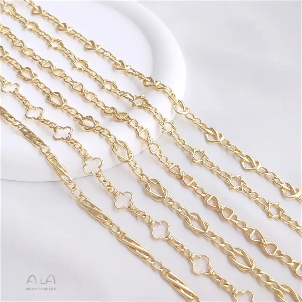 14K package gold bow Four-leaf clover Awn star chain Love chain handmade diy bracelet necklace ornaments Loose chain