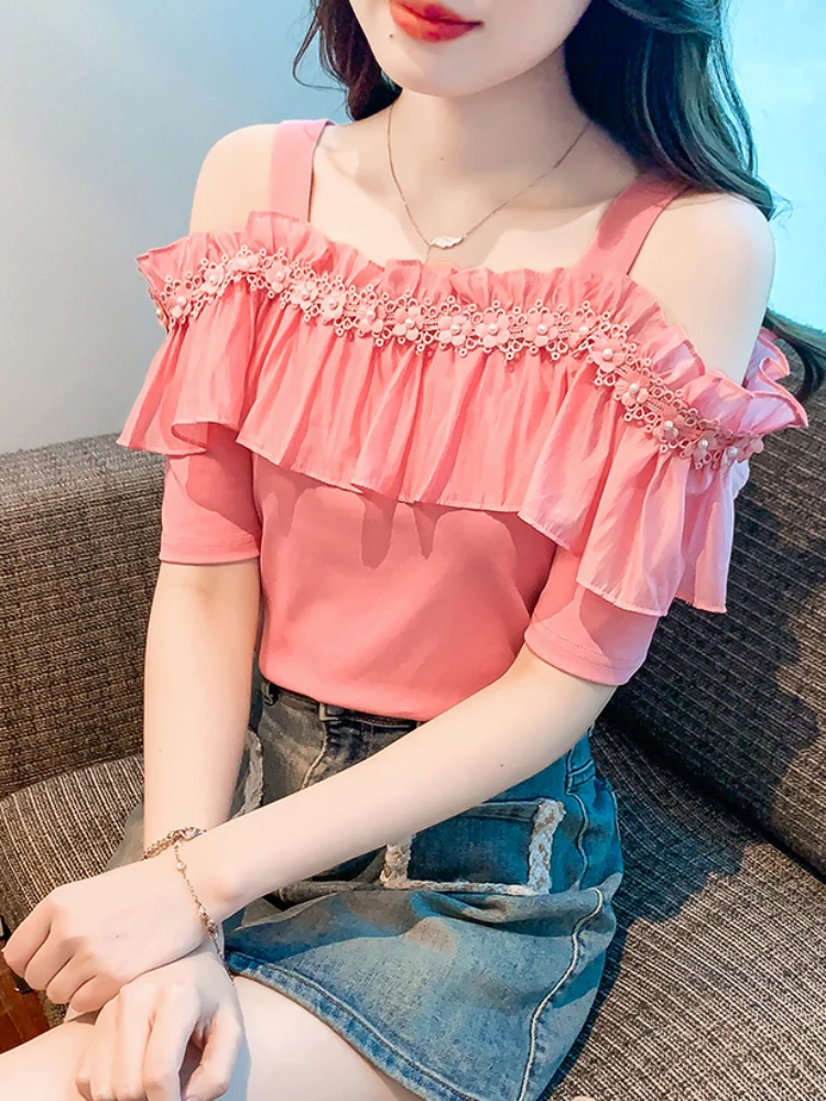 

Summer Plus Size Shoulder Strap Chiffon Top T-Shirt Women's 2024 Korean Sweet Ruffled Flower Stitching Slim Elegant Tees Trendy