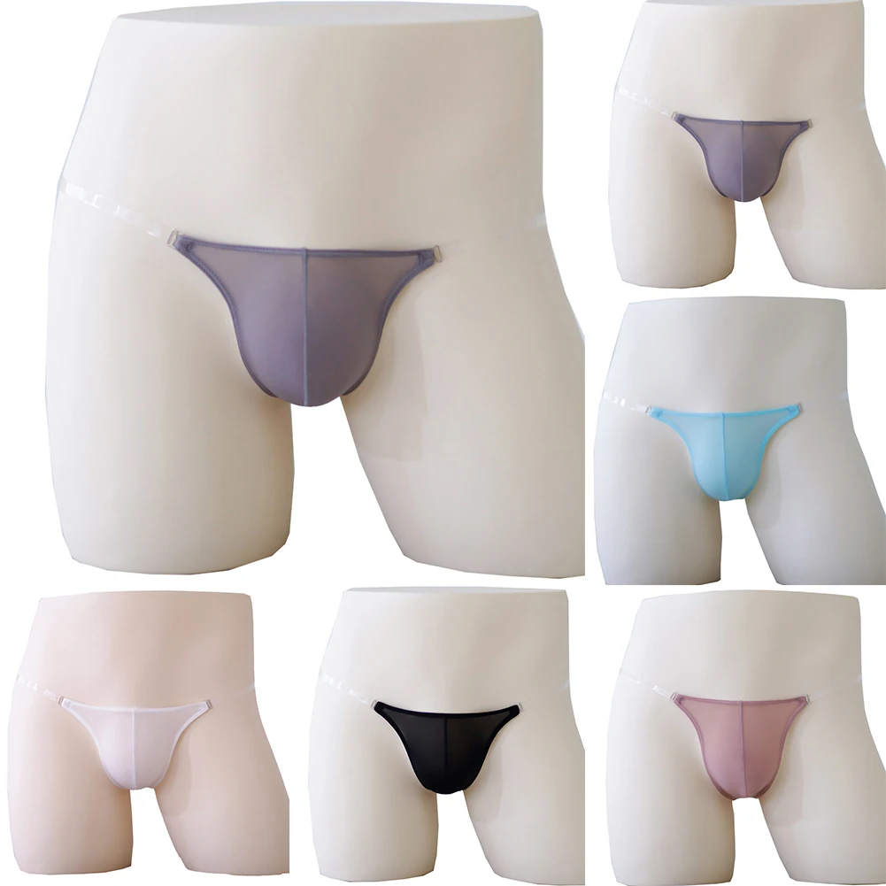 Sexy Lingerie Ice Silk Transparent Invisible Adjustable Waistband Men Bulge Pouch Briefs G-String Thong Underwear Panties Thongs