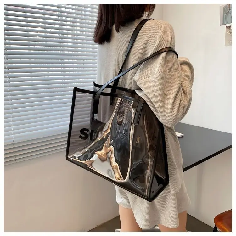 Summer Minimalist Casual See-Through Versatile Large Capacity Commuting Shoulder Handheld Tote Bag for Women