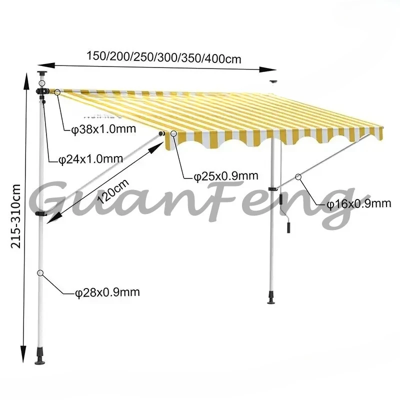 200×120cm Hand Crank Telescopic Folding Awning, No Drill Outdoor Balcony Sunshade Rain Canopy
