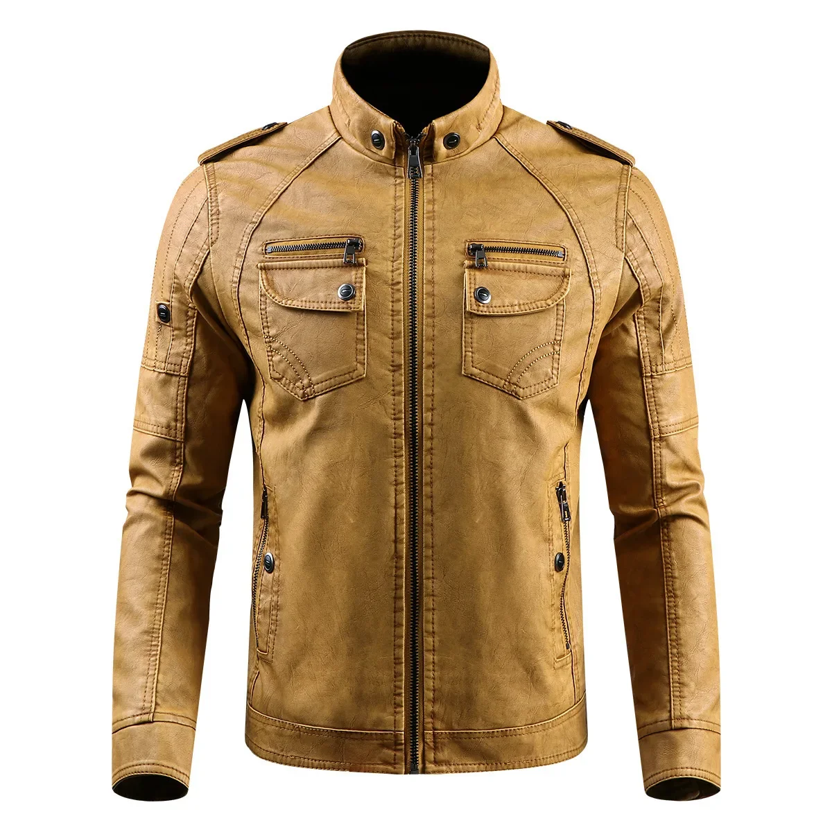 

MaiDangDi Men's Leather Jacket New Style Stand Collar Motorcycle Men's gradient PU Leather Jacket Plus Velvet Leather Jacket