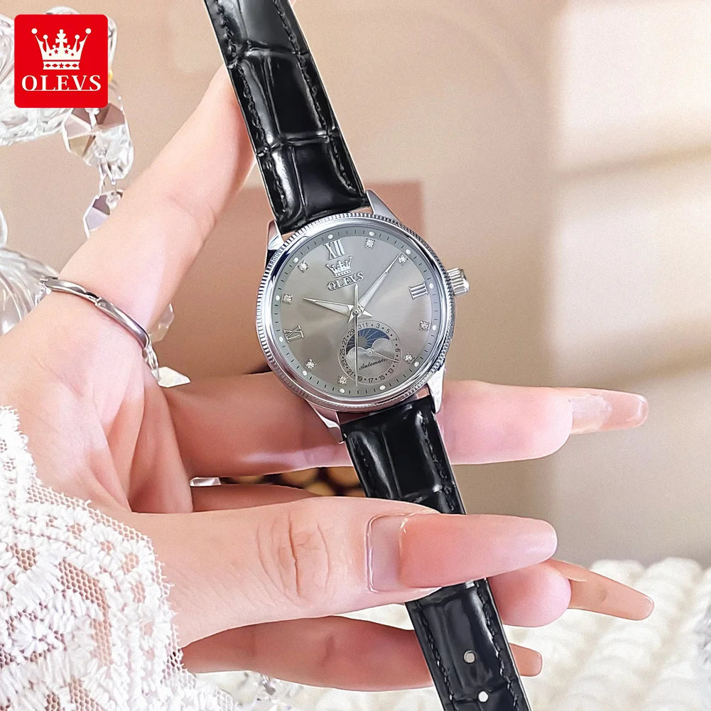 OLEVS Women's Watches 7039 Elegant Grey Dial Original Watch for Ladies Waterproof Moon Phase Automatic Mechanical Wristwatch