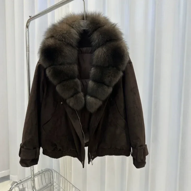 OFTBUY Big Real Fox Fur Collar Duck Down Coat Women Short Suede Pilot Jacket New Vintage Zipper Women's Winter Down Jacket