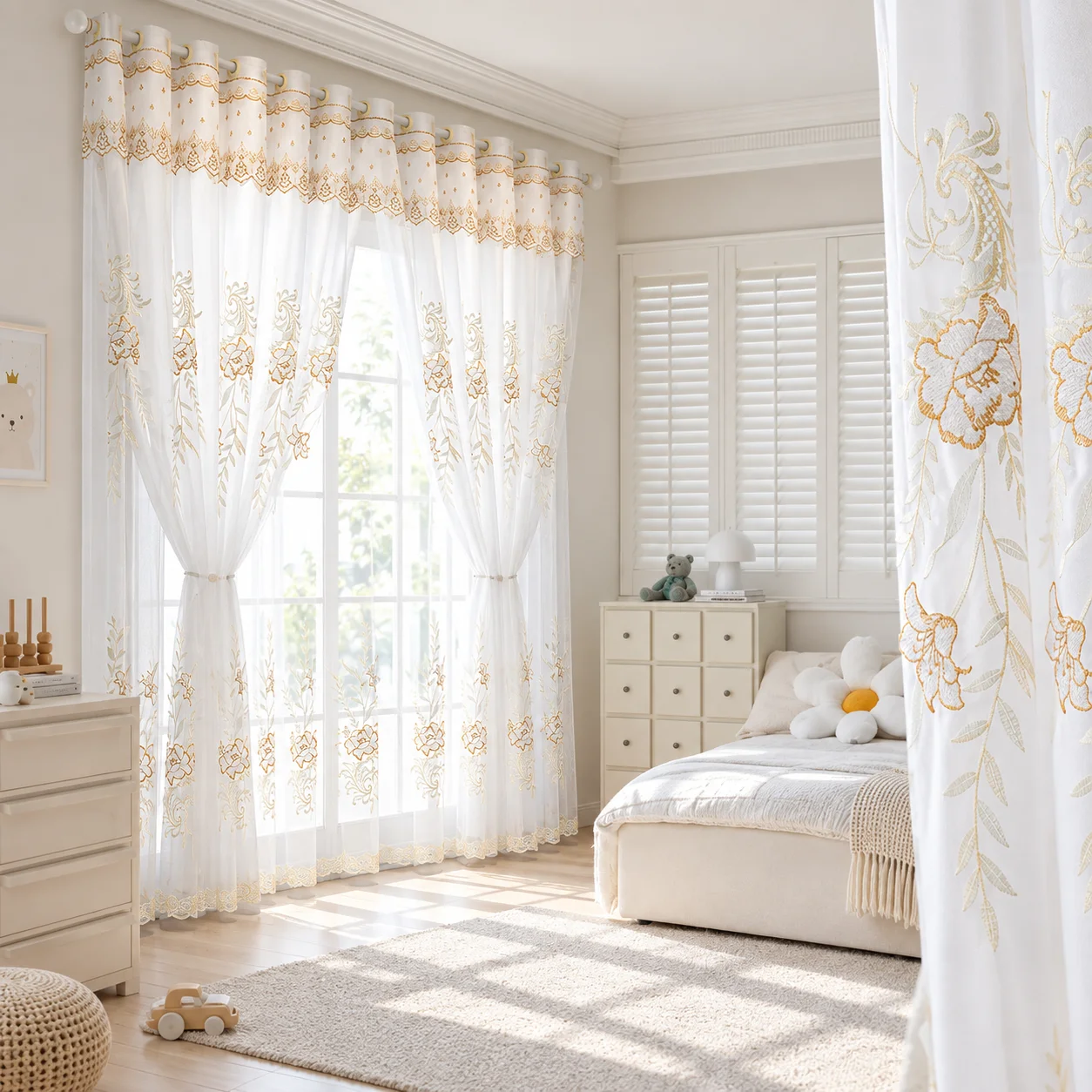 Vintage European Embossed Lace Curtain, Luxury Hollow Out Sheer Curtains, Light Blocking Heat Insulation, Dense Hem Design
