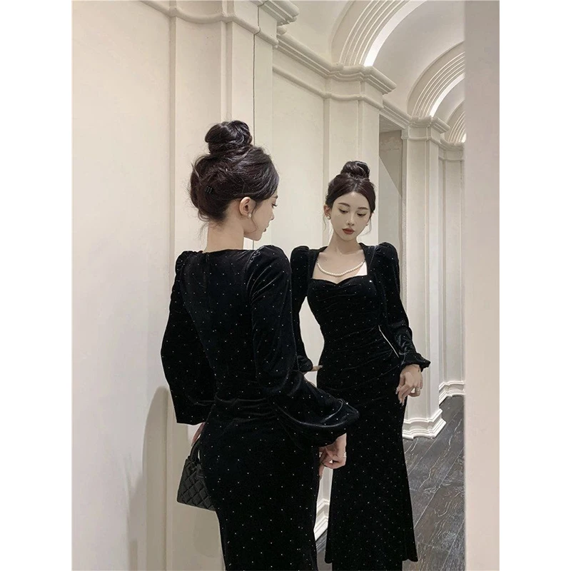 فستان ميدي أسود مخملي عتيق للنساء أنيق للحفلات واللؤلؤ الماسي فساتين حورية البحر شتوية كورية بأكمام طويلة فساتين ضيقة جديدة #4