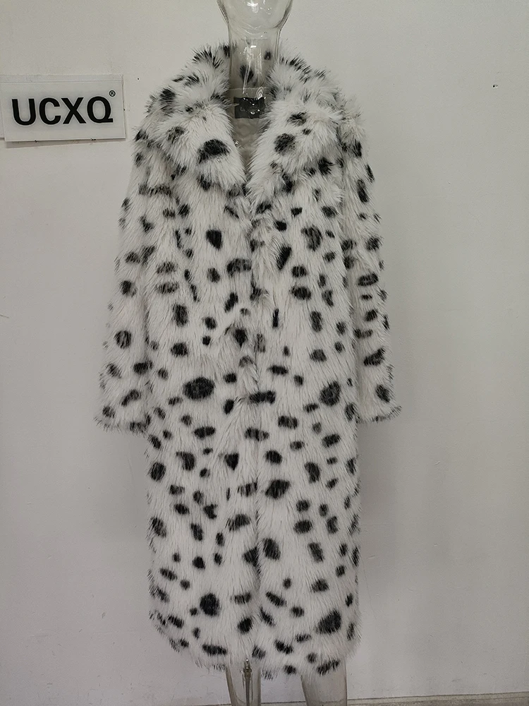 UCXQ Street Fashion Jacket European Style Leopard Lapel Cardigan All Match Double-faced Fur Coat Women 2024 Autumn Winter 3C1827