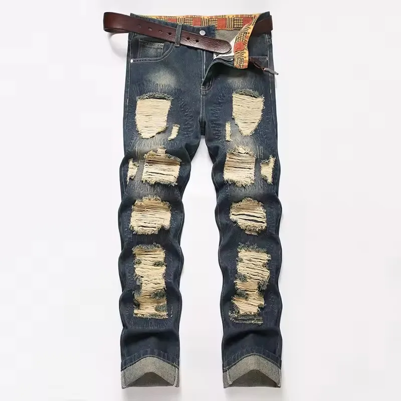 Celana Jeans Kaki Lebar Pria Celana Lurus Merek Trendi Celana Jeans Gaya Baru Sobek Pengemis Celana Panjang Reguler Pria Nyaman Sejuk
