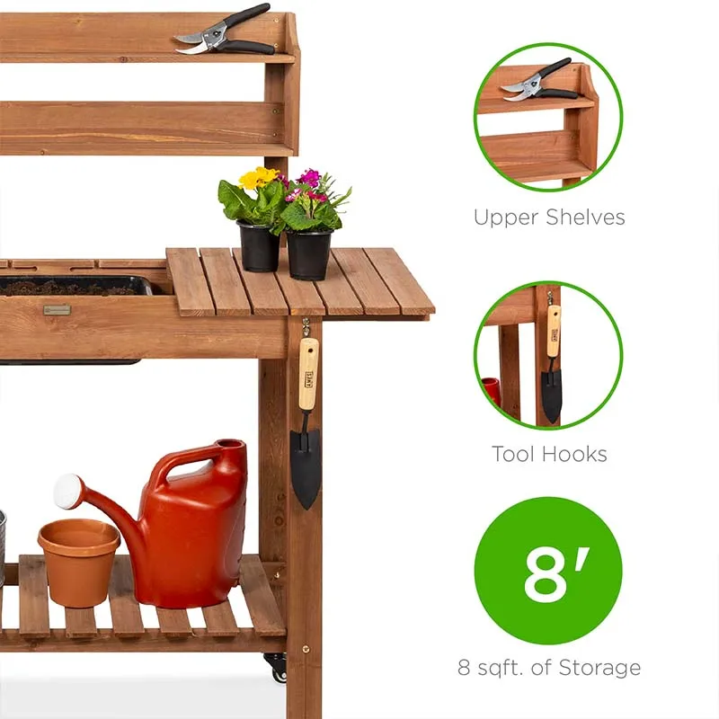Shelves Flower Shelf Mobile Garden Potting Bench Outdoor Wood Workstation Table Flower Pot Garden Bench Wood Potting Table