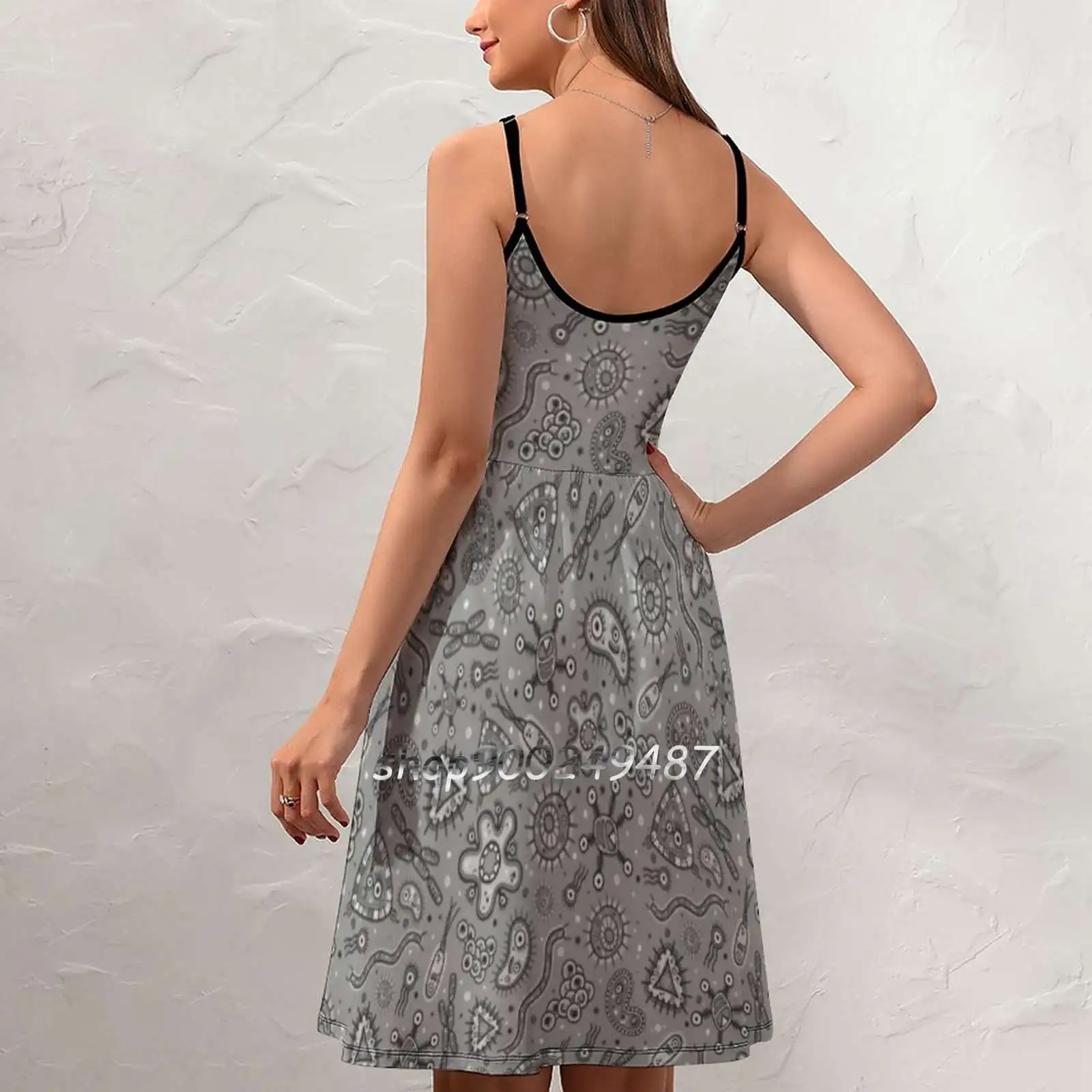 Cartoon Mikroben-Grau/Grau Sling Kleid Sommer Kleid Sling Sexy EINE Linie Kleid Mode Weibliche Kleid Muster Keime mikroben