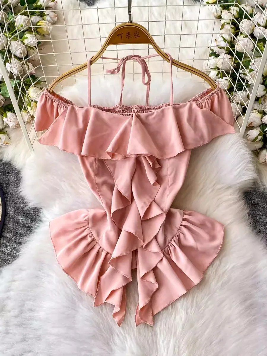 

Foamlina Girl's Sweet Ruffle Off Shoulder Halter Pearl Button Top for Women Summer French Niche Influencer Sexy Slim Fit Blouse